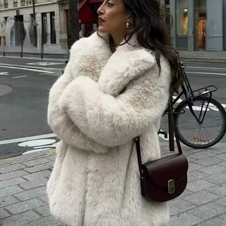 TRAFZA Female Fashion Solid Faux Fur Effect Long Sleeve Cardigan Coat Winter Women's Loose High Street Pockets Overcoat Mujer
