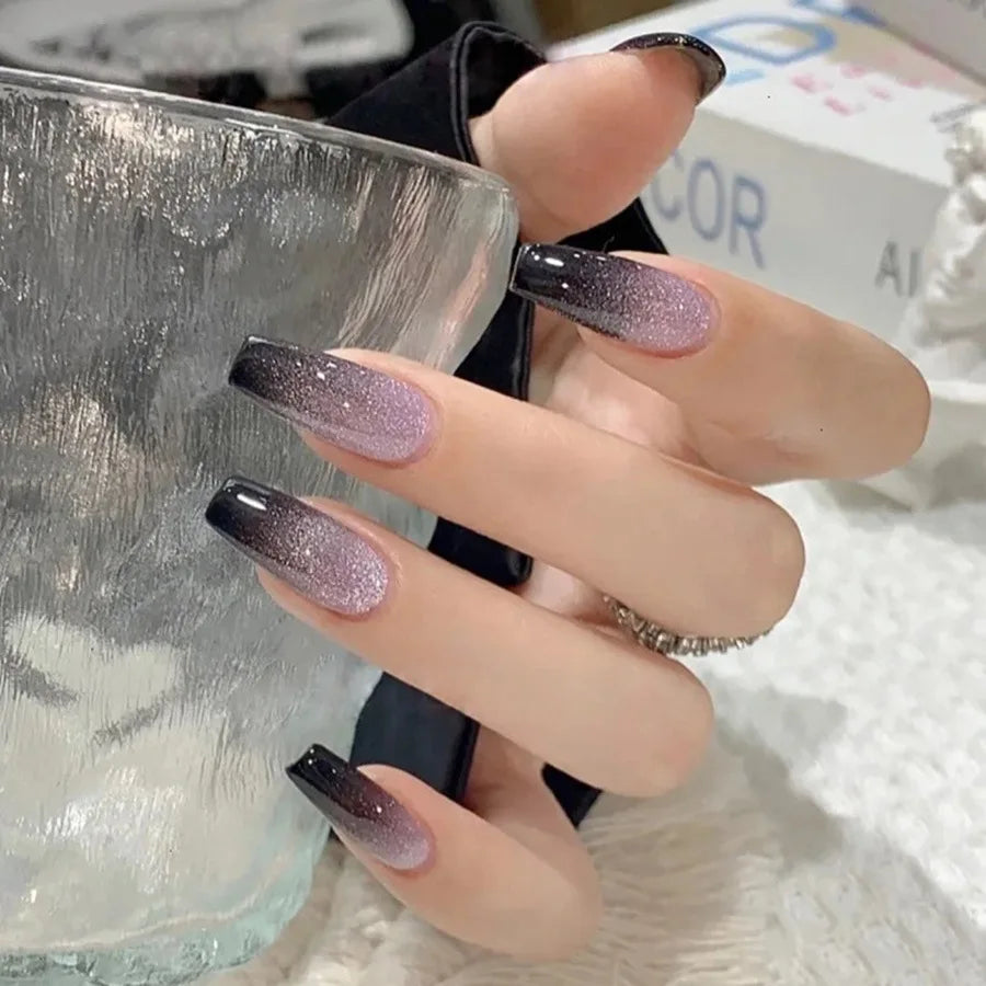 24pcs/set Medium long fake nail tips for women colorful gradient glitter starry design for Spring Summer press on false nail art
