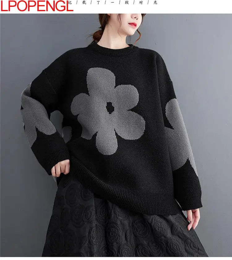 Women's Autumn And Winter Korean Bottoming Long Sleeves Flowers O-neck Pullover A-straight Vintage Sweater Trend Top
