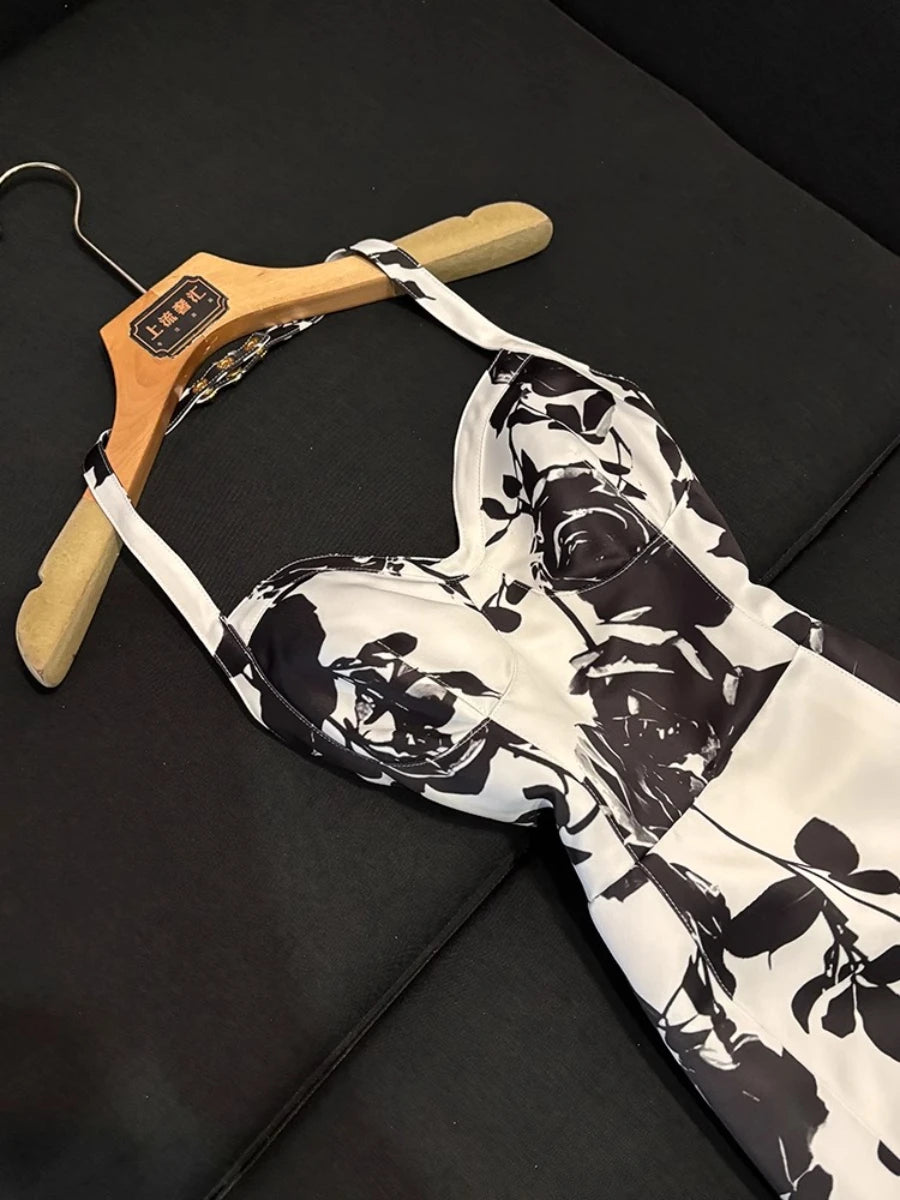 TWOTWINSTYLE Hit Color Slimming Spliced Printing Dresses for Women Halter Neck Sleeveless Temperament Dress Female Fashion New