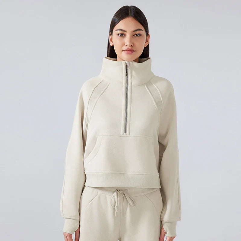 Autumn New Half Zipper High Stand Collar Pullover Top for Women's , Warm and Fleece Thick Sports Hoodie for External Wear DA W150