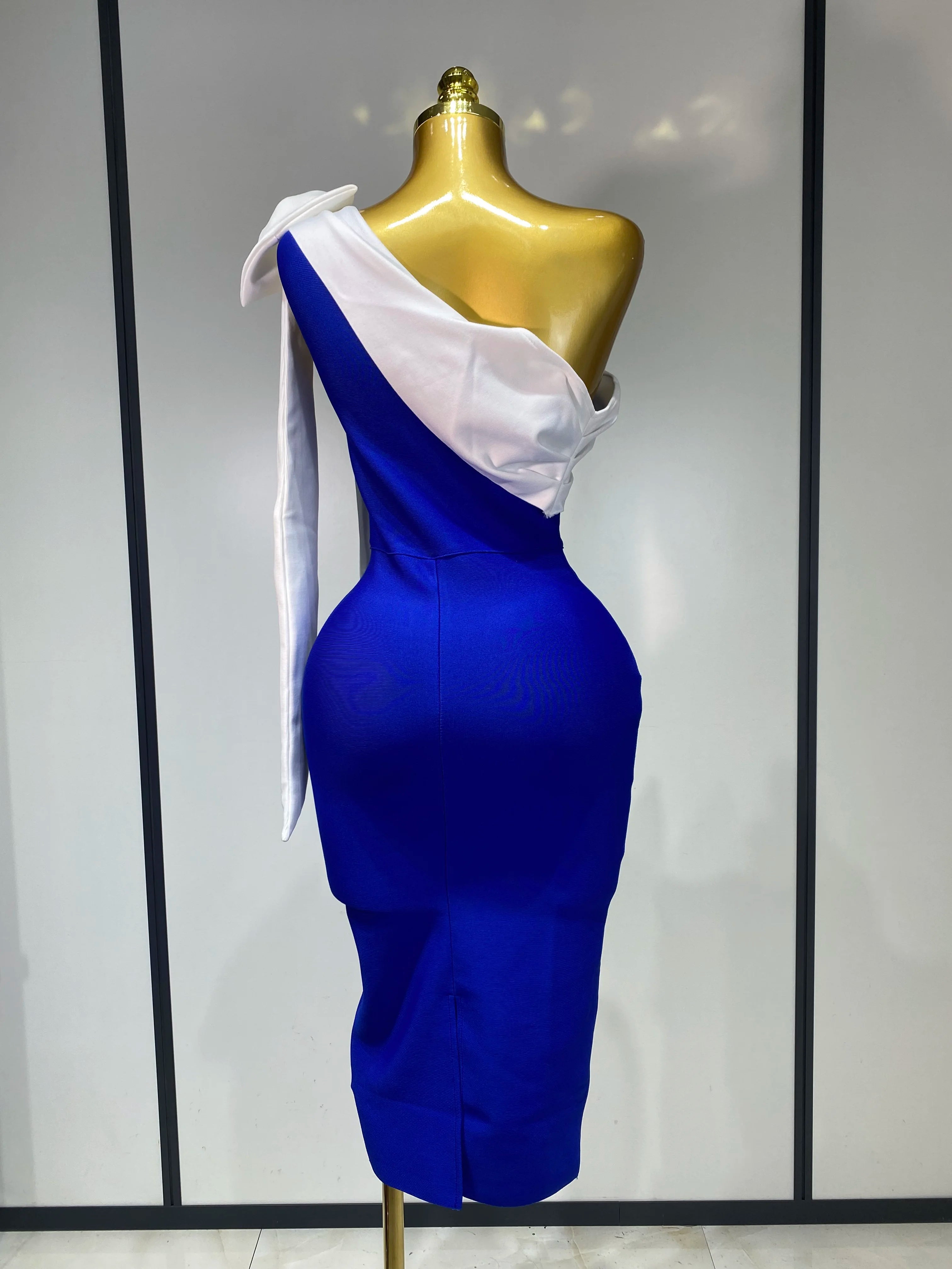 Women Sexy One Shoulder Splicing Bow Bodycon Bandaged Dress Celebrity Elegant Evening Party Luxury Birthday Banquet Dress