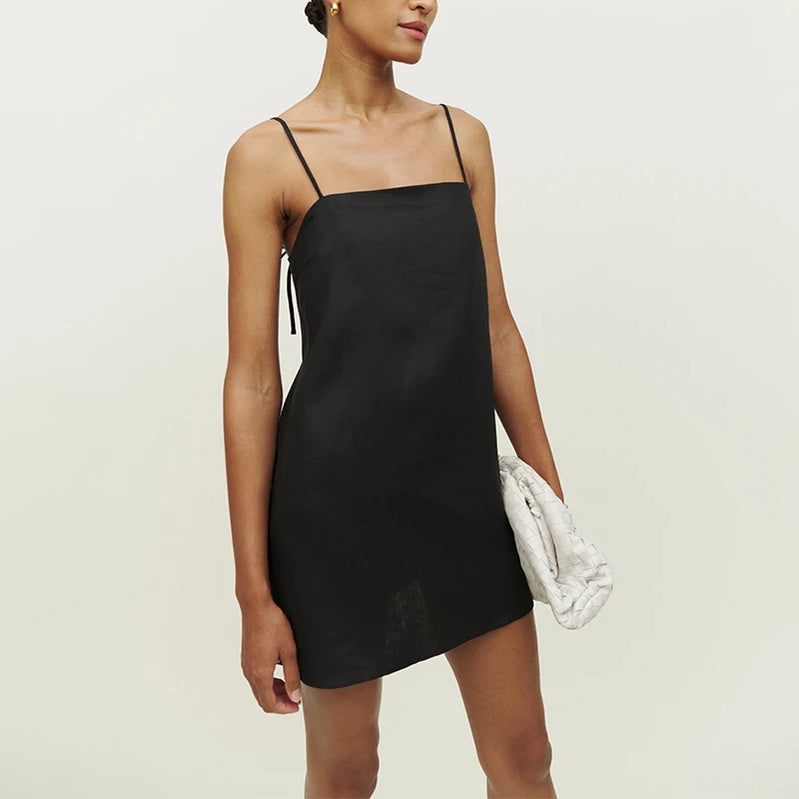 Cotton Linen Dress For Women Sexy Sleeveless Back Bandage Lace Up Chic Holiday Beach Sundress Ladies Dresses Summer Sale black