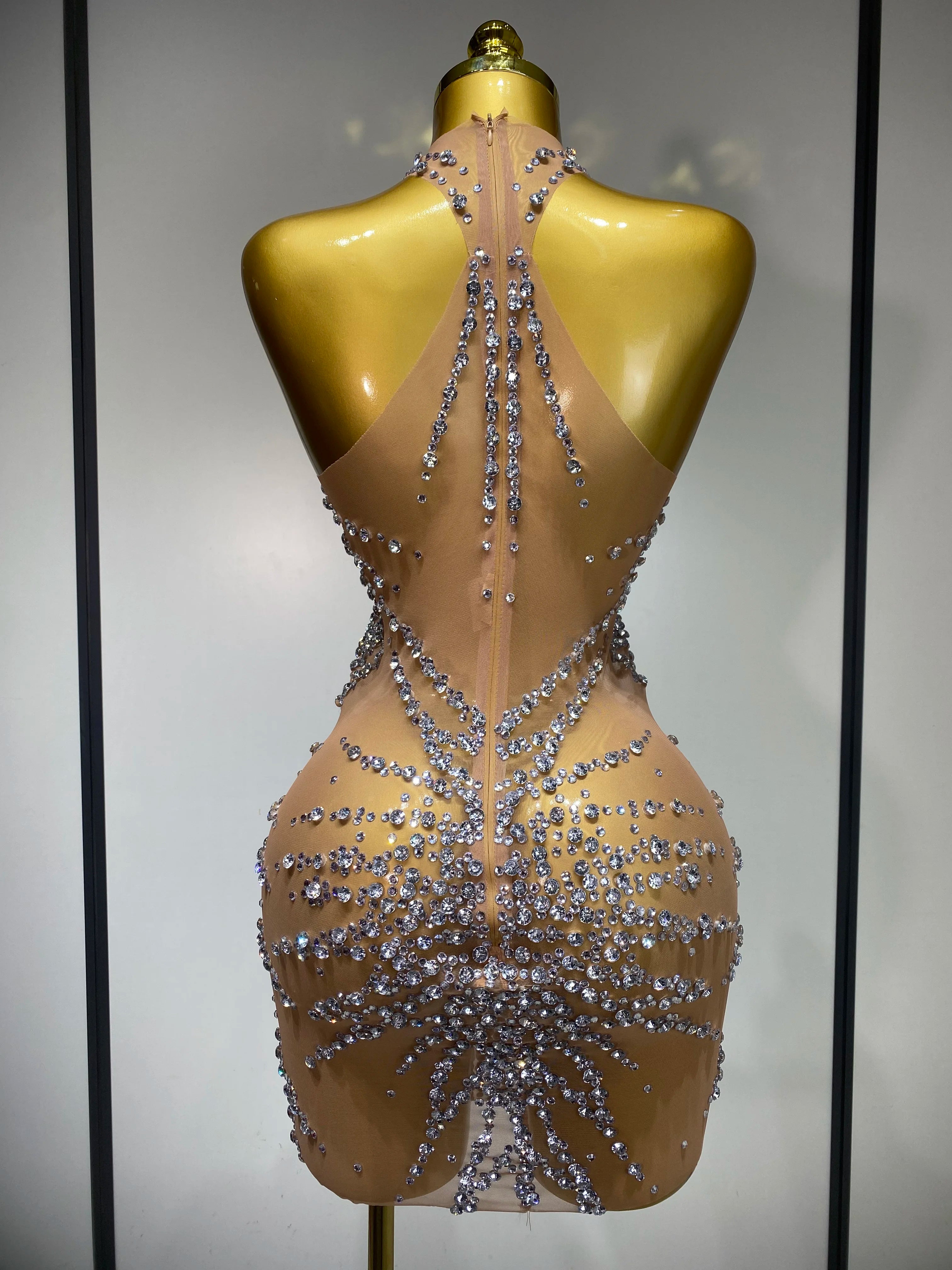 Luxury Rhinestones Mesh Transparent Prom Mini Dress Shinny Women Birthday Celebrate Party Prom Nightclub Outfit Stage Costume