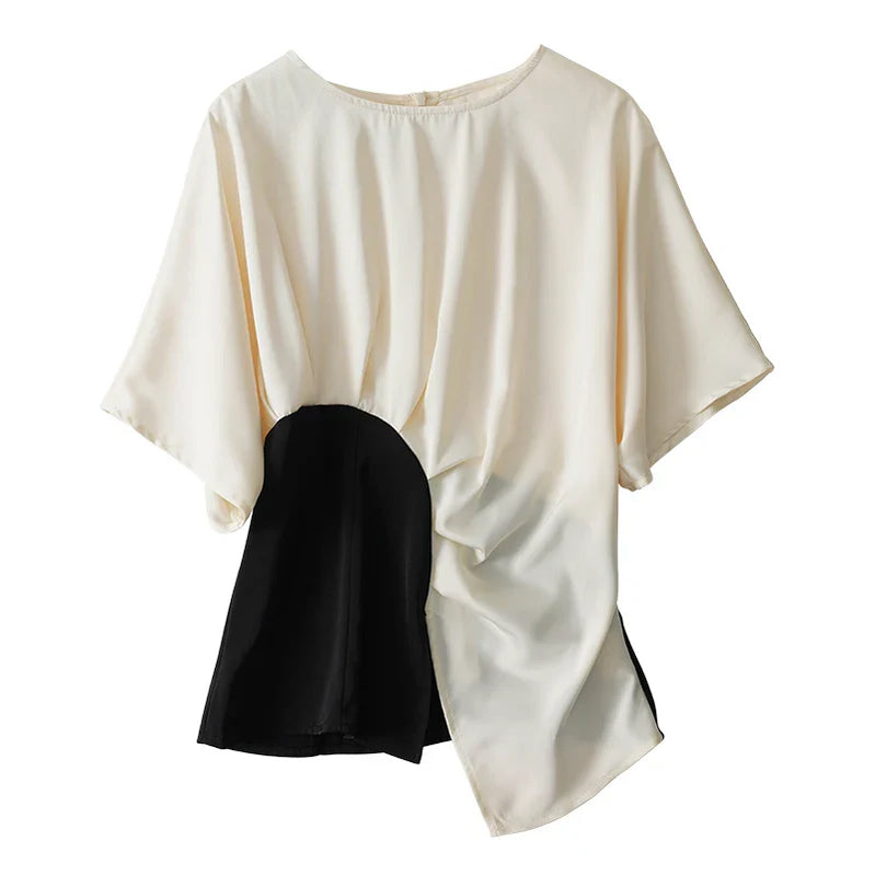 Asymmetric Spliced O-Neck Batwing Short Sleeve Women's Blouse Shirt Pullover Korean Fashion Female Clothing Tops Summer 2023 Beige
