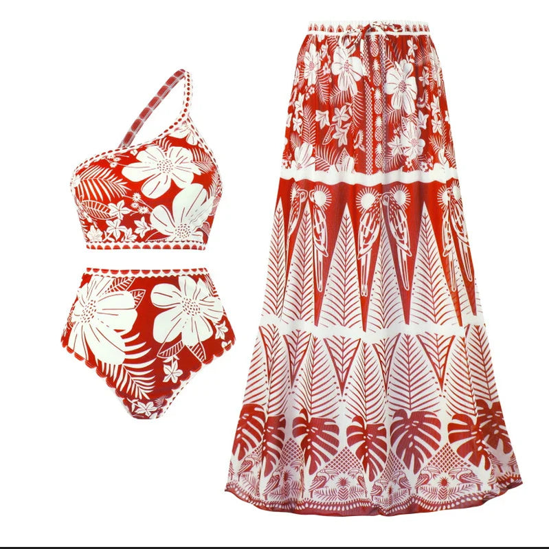 New 3PC Print Retro Swimwear Push Up Playa Women's Swimsuit One Piece Bodysuit Patchwork Bathing Suit Pads Female Set