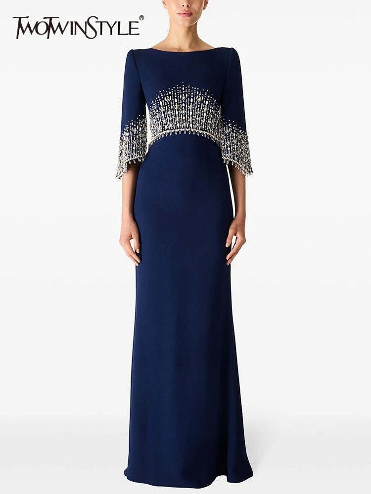 TWOTWINSTYLE Slimming Elegant Midi Dresses for Women Round Neck Half Sleeves Patchwork Bead Luxurious Dress Female Clothing New