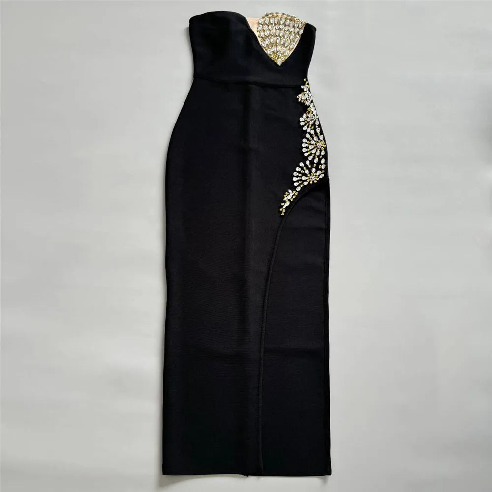 Women Sexy Strapless Shinning Crystal Bodycon Bandage Long Dress Celebrate Evening Party Red Carpet Outfit Vestido