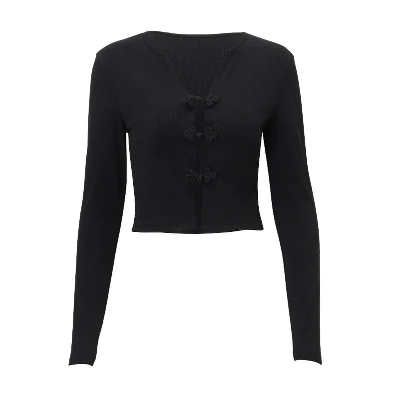 WhereMery Sexy V-neck Hollow Top Chinese Knot Long Sleeve Knitted Summer Slim Fit Waist T-shirt Top Party Nightclub Women