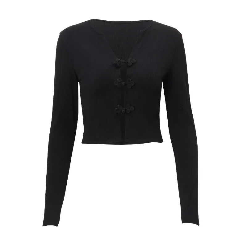 WhereMery Sexy V-neck Hollow Top Chinese Knot Long Sleeve Knitted Summer Slim Fit Waist T-shirt Top Party Nightclub Women