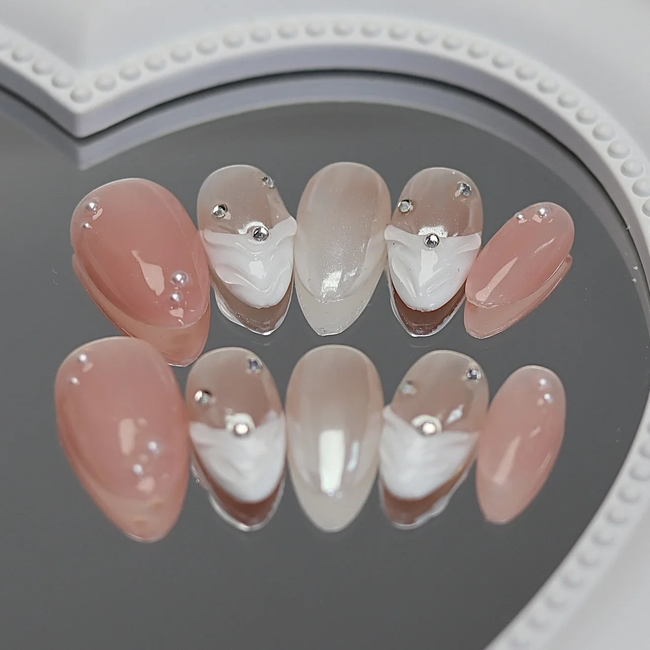 10 peças unhas postiças de amêndoa doces e sonhadoras, unhas postiças rosa Aurora com cola, ondas 3D, cobertura total, pontas de manicure de acrílico