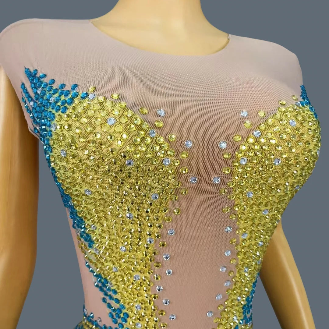 Sparkly Rhinestone Sheer Long Dress With High Side Slits Evening Gown Cocktail Party Club Singer Maxi Dress Ball Dress kongqueyu