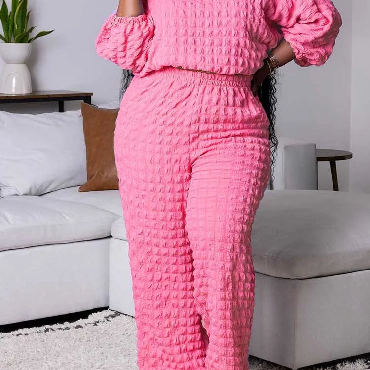 Curvy Plus Size Woman Clothing Fall Winter Long Sleeve 2 Piece Outfit Set Bubble Waffle Pleated Top and Pants Sets Elegant Suit