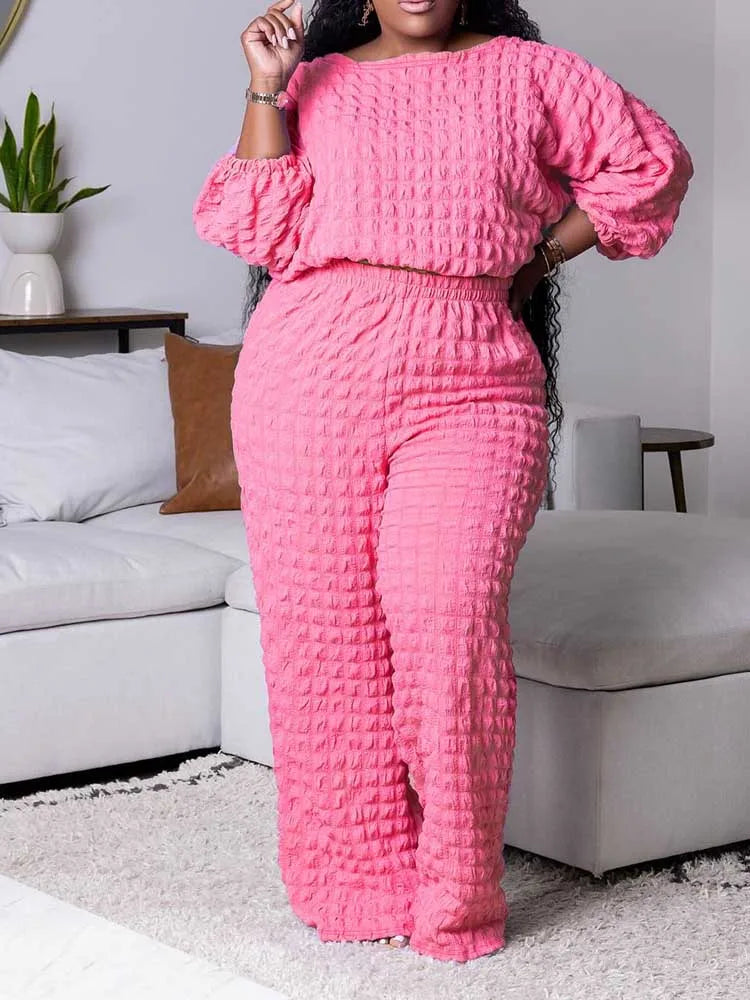 Curvy Plus Size Woman Clothing Fall Winter Long Sleeve 2 Piece Outfit Set Bubble Waffle Pleated Top and Pants Sets Elegant Suit