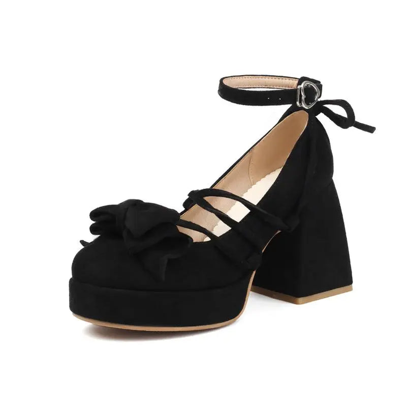 SIMLOVEYO Lolita Women Pumps 32 33 Round Toe Chunky High Heels 9cm Platform Bowknot Ankle Strap Big Size 44 45 Sweet Shoes
