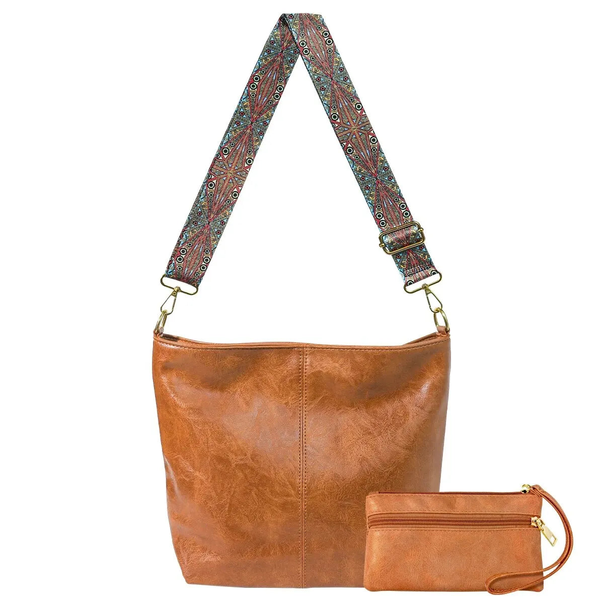 2PCS/Set Vintage Crossbody Bag with Purse Wide Bag Strap Hobo Bag Women Large Capacity Shoulder Bag for Work School Handbag