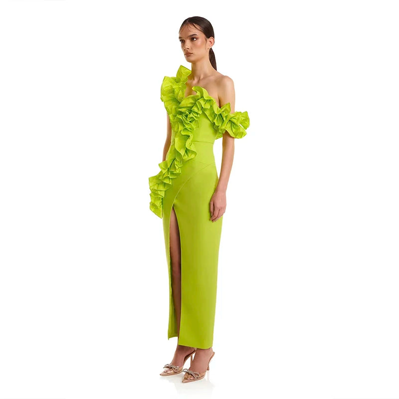 Red Black Women Sleeveless Off the Shoulder Ruffles Bodycon Bandage Mid-calf Dress Nightclub Party Celebrate Evening Dress