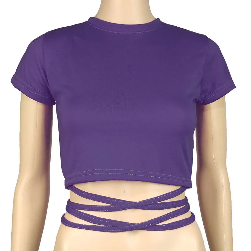 13 Colors Women Lace Up Cropped T-shirts Summer Lady O-Neck Short Sleeve Slim Bandage Tee Tops GXJCK-2180 Purple