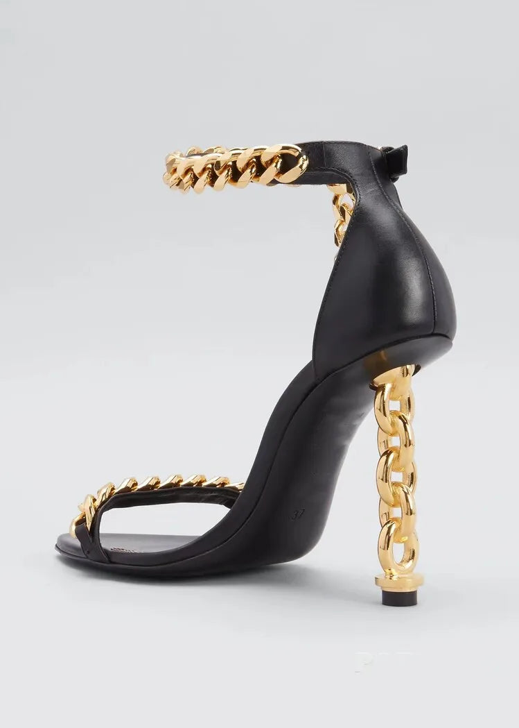 European and American Summer New Metal Chain High Heel Sandals Fashion Show One Line Sexy Open Teeth Women's Sandals