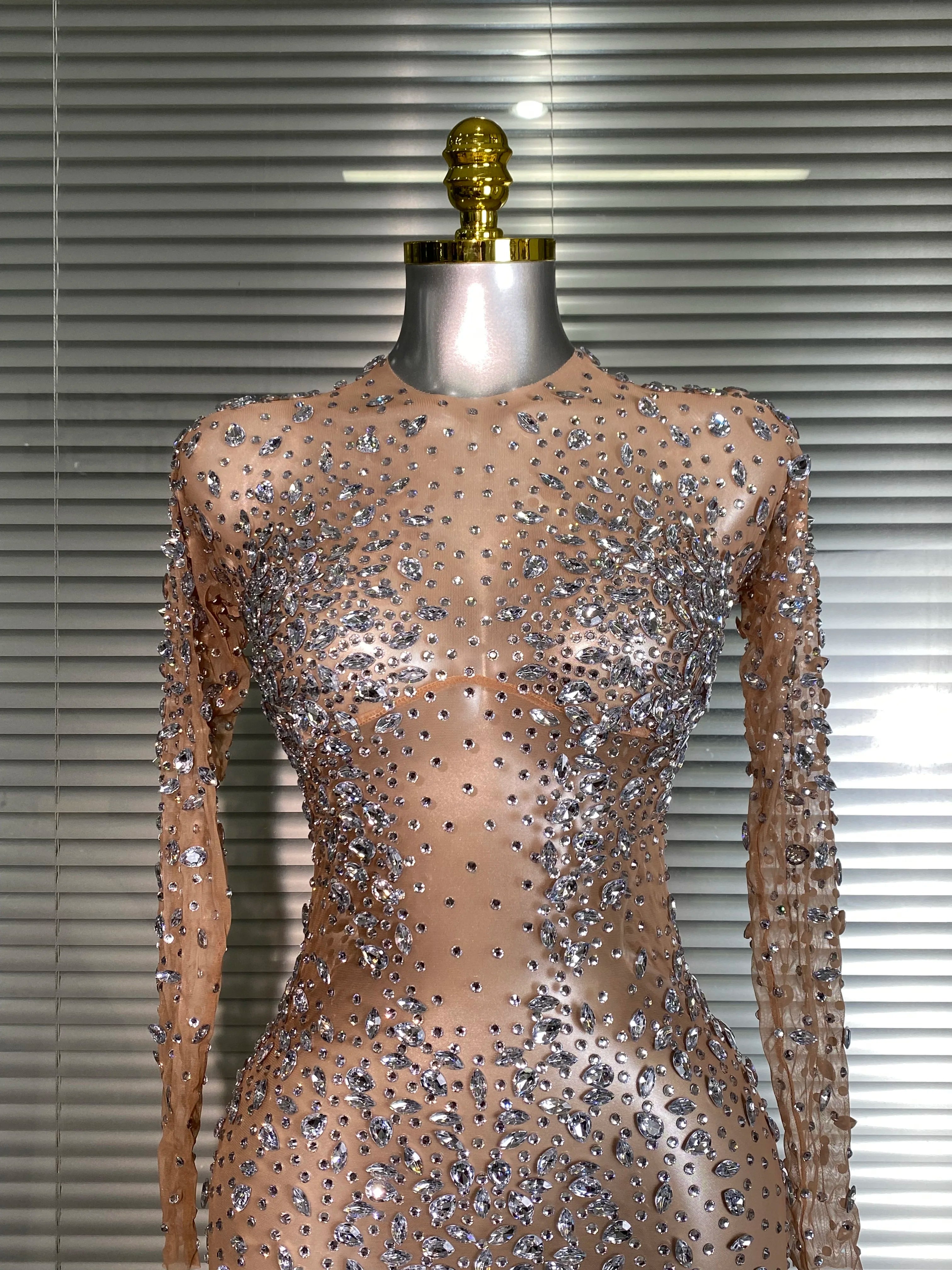 New Women Sexy Long Sleeve Mesh Sequins Maxi Dress See Through Skin Sheer Party Singer Party Costume Stage Performance Dress