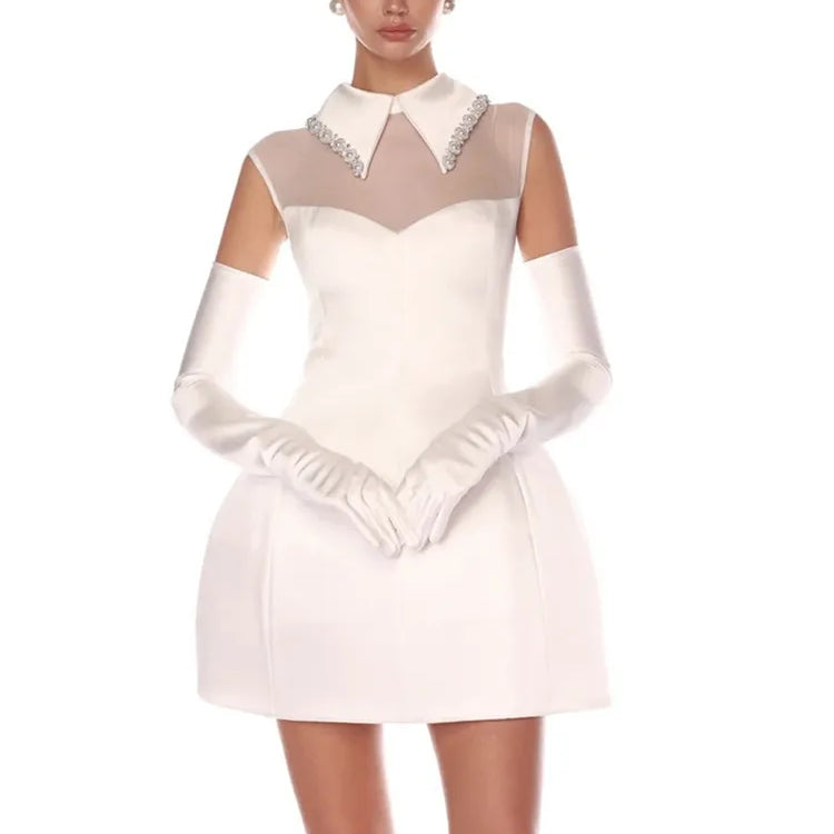 Luxury Women Celebrity Sexy Tank White Pearl Diamonds A Line White Mini Bodycon Dress Elegant Evening Club Party Dress