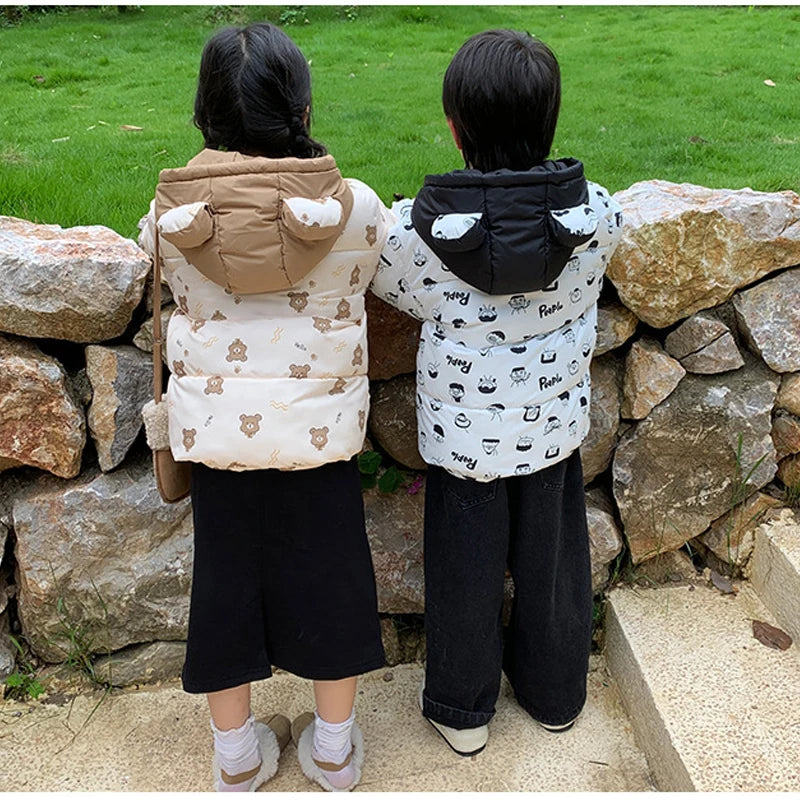 Winter Thickened Warm Hooded Jacket 1-7 Year Old Boys Girls Fashion Versatile Casual Printing Down Coat Children's Wear