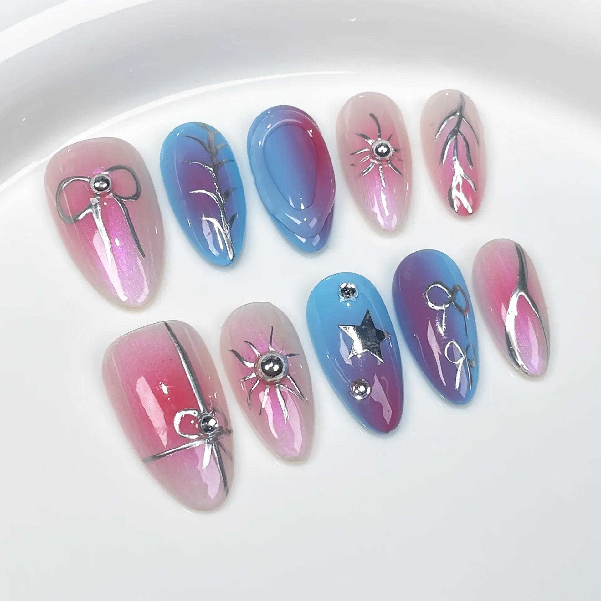 10Pcs Metallic Almond Handmade Fake Nails with Glue Sweet Cool Gel Nail Press on Dark Color Full Cover False Manicure Nail Tips