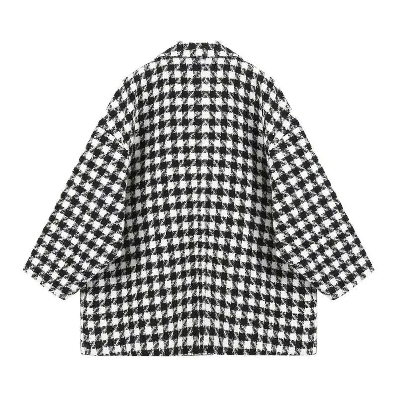 Women Autumn Winter Plaid Loose Coats Shirt Wide Leg Pants 1 or 3 Piece Set Korean Lady Casual Tweed Jacket Jeans Blouse Outfits