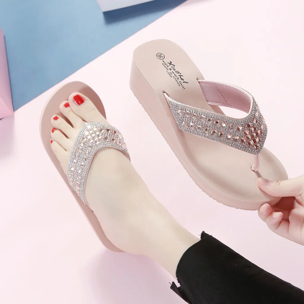 Fashion Rhinestones Slippers Summer Casual Women Wedges Platform Non Slip Flip Flops Classic Women Outdoor High Heel Slippers