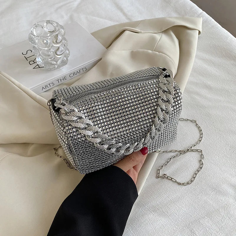 Fashion Glitter Rhinestone Evening Bag Women Trend Luxury Shiny Handbag Female Nightclub Carnival Party Crossbody Underarm Bag Sliver