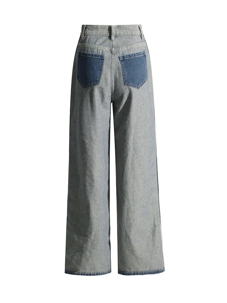 Patchwork Pockets Casual Denim Trousers For Women High Waist Spliced Button Hit Color Minimalist Loose Wide Leg Jeans Female