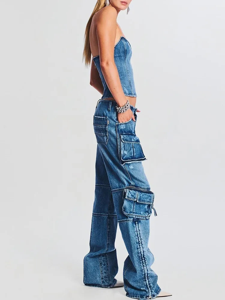 Denim Vintage Two Piece Sets For Women Strapless Sleeveless Tops High Waist Spliced Pockets Pant Casual Set Female