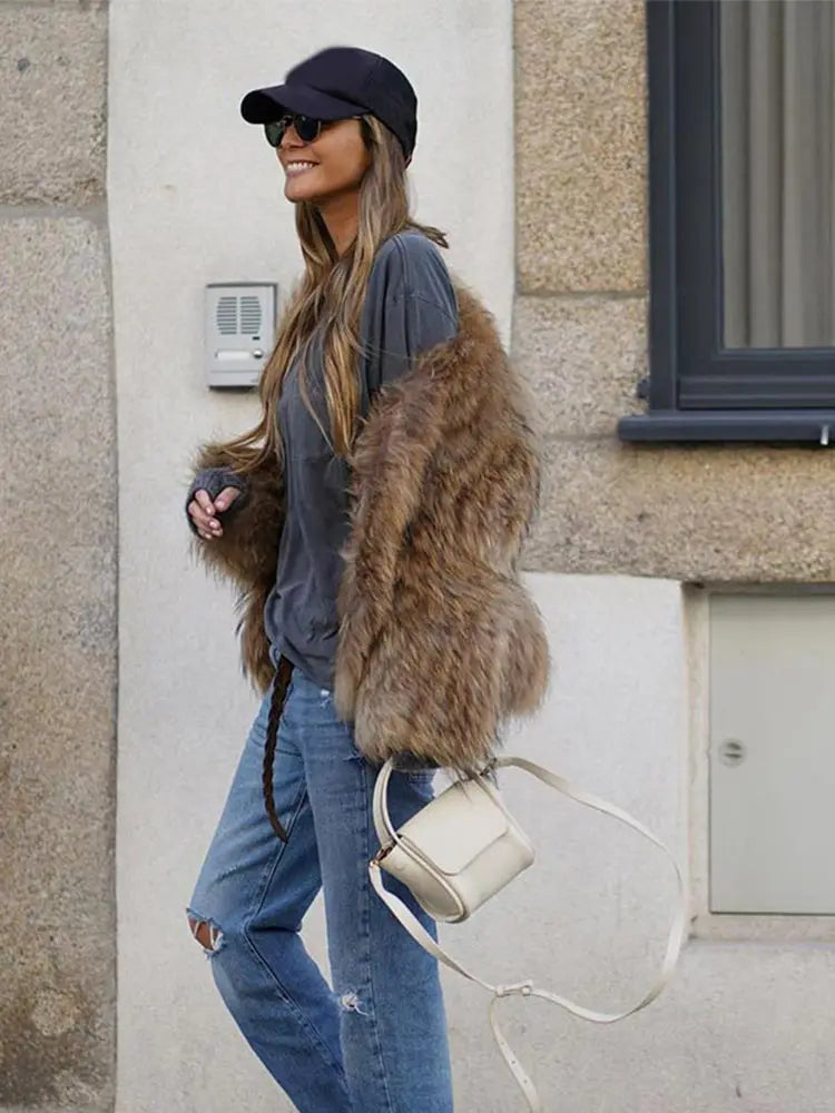 Winter Women's Chic Thermal Furry Faux Fur Coat Fashion Casual Long Sleeve Cardigan Jackets New Female Warm Streetwear 