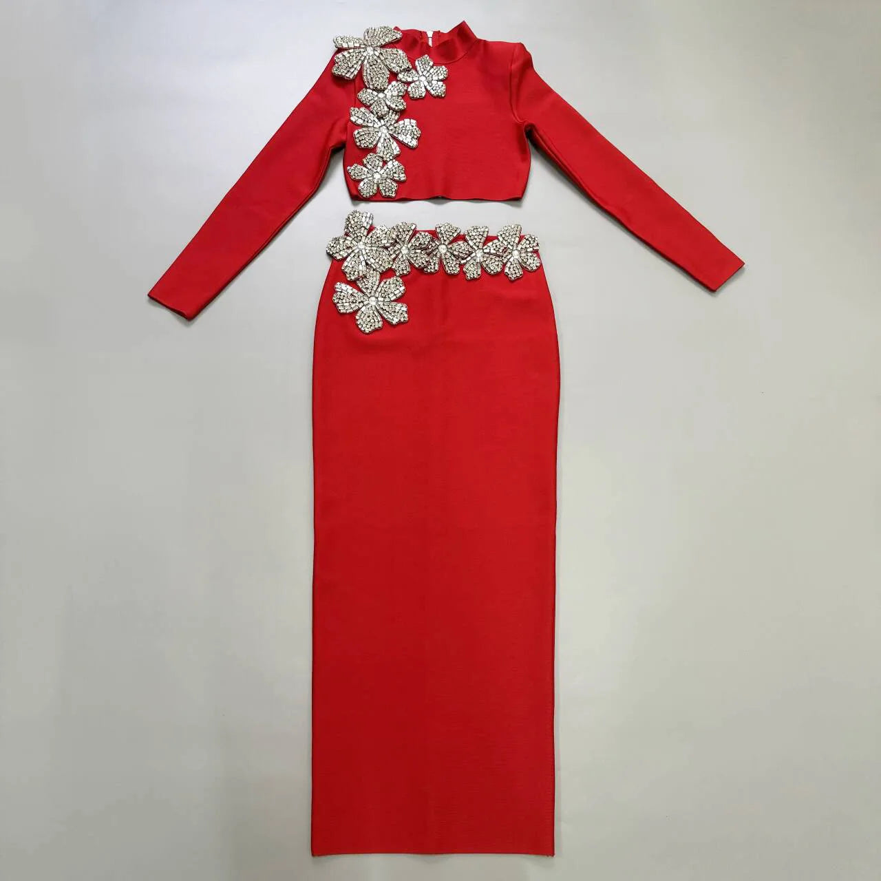 High Quality Women Long Sleeve Diamond Flowers 2 Pieces Bodycon Mini Bandage Dress Celebrate Nightclub Party Outfit Vestido