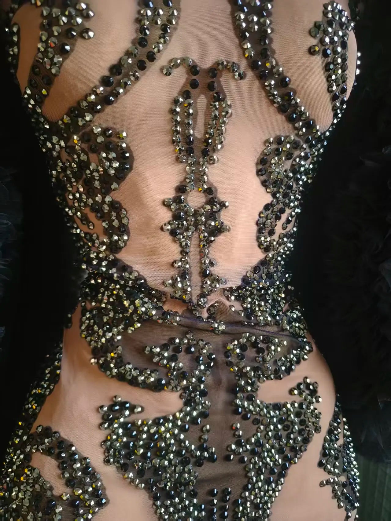 Women Sexy Mesh See Through Black Crystal Stretchy Night Club Celebrity Singer Dancer tage Costume Mini Party Dress