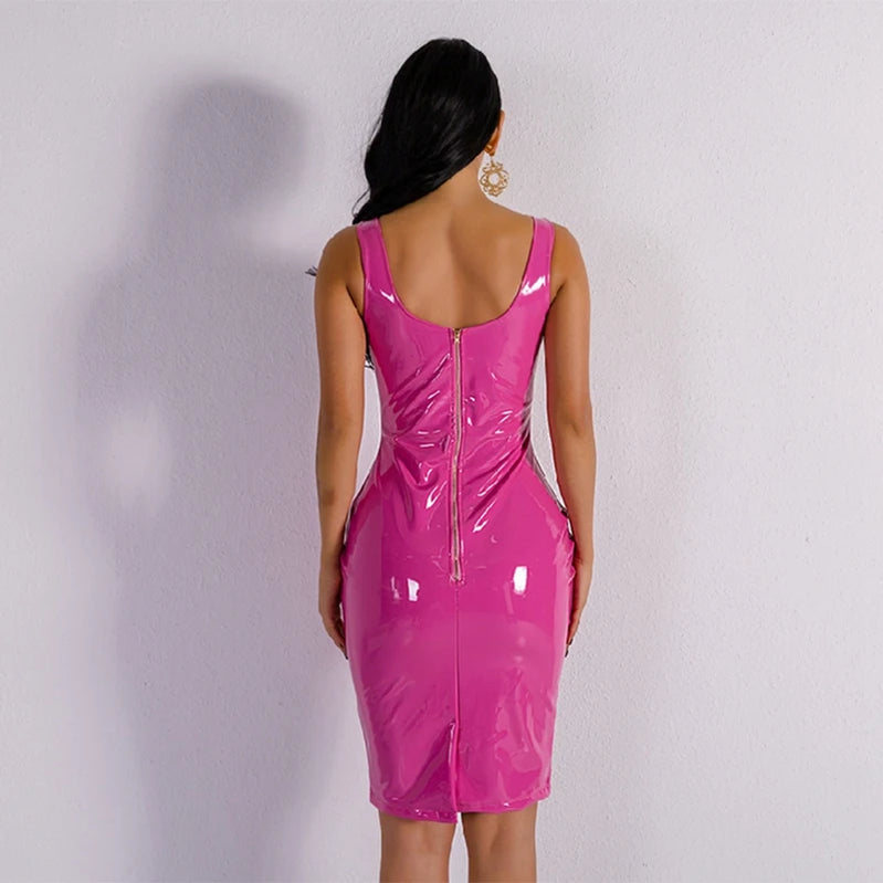 Women's PU Leather Dress, Hem Split, Lady Shiny Patent, Slim Party Dress, Faux Latex Sleeveless Tank, Stretch Bodycon, Sexy,