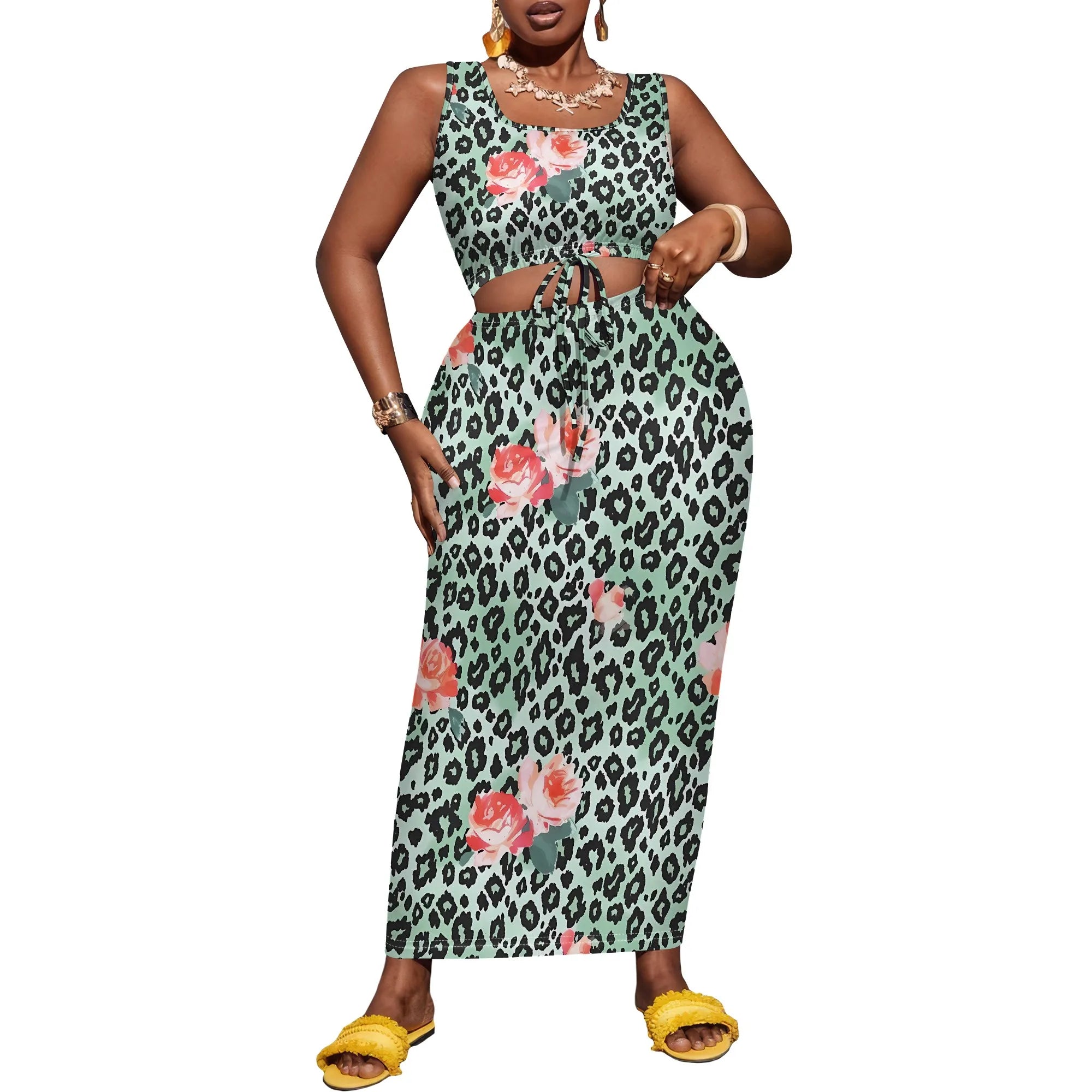 Nupusa Rose & Zebra Print Two - Piece Set for Women Plus Size Summer Casual Sleeveless Crop Top & Maxi Skirt Outfit