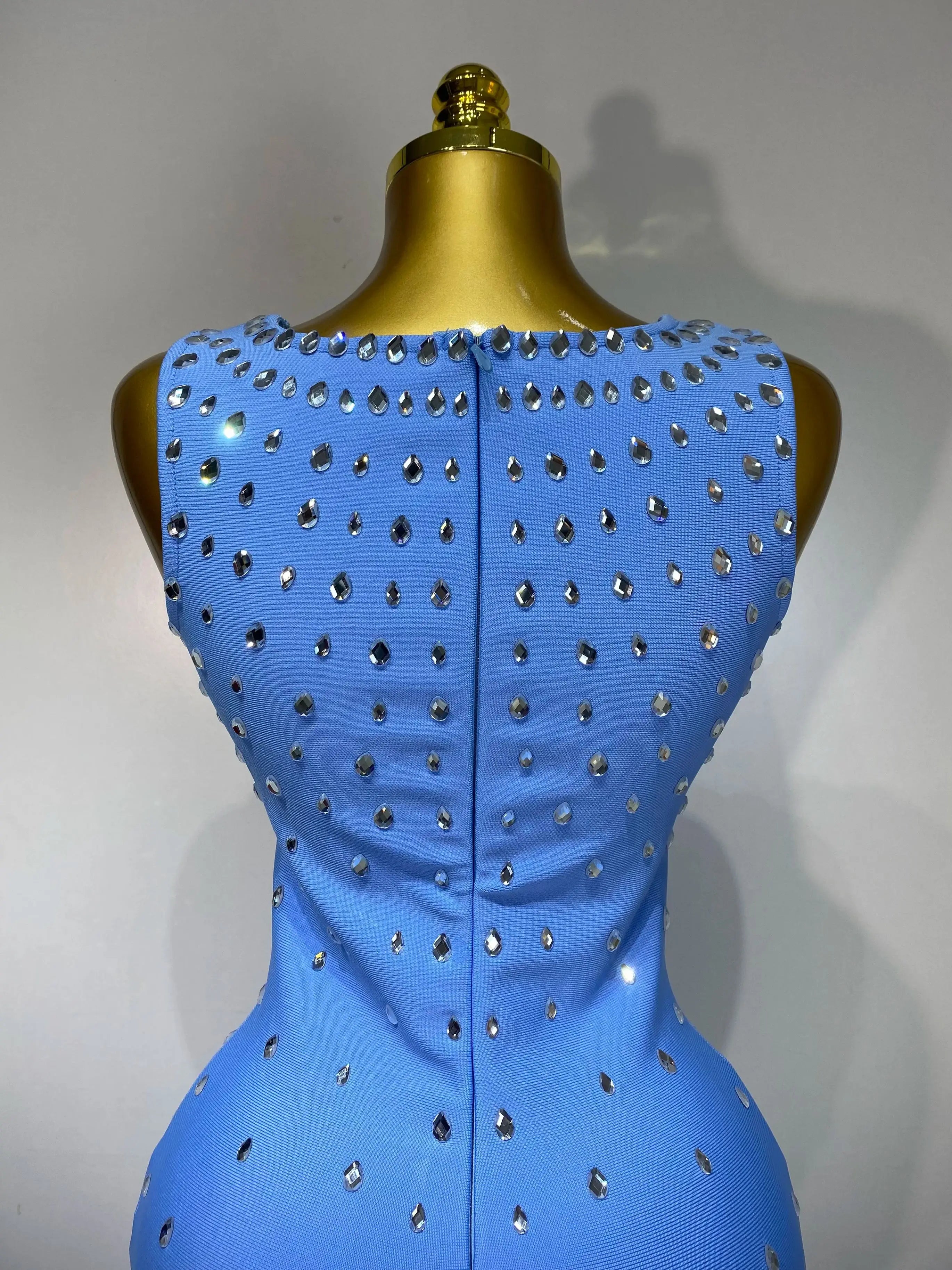 Women Sparkly Rhinestone Bandage Long Dress Elastic Sleeveless Bodycon High Street Evening Club Party Elegant Birthday Gowns