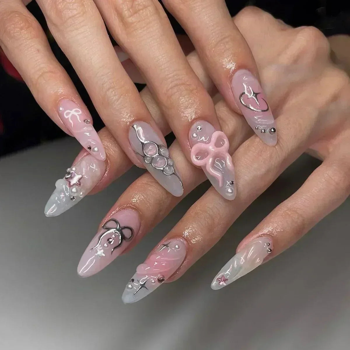 24pcs Short Almond Press on Nails 3D Flower Butterfly Fake Nails with Glue Colorful Natural Acrylic False Nails Full Cover Nails