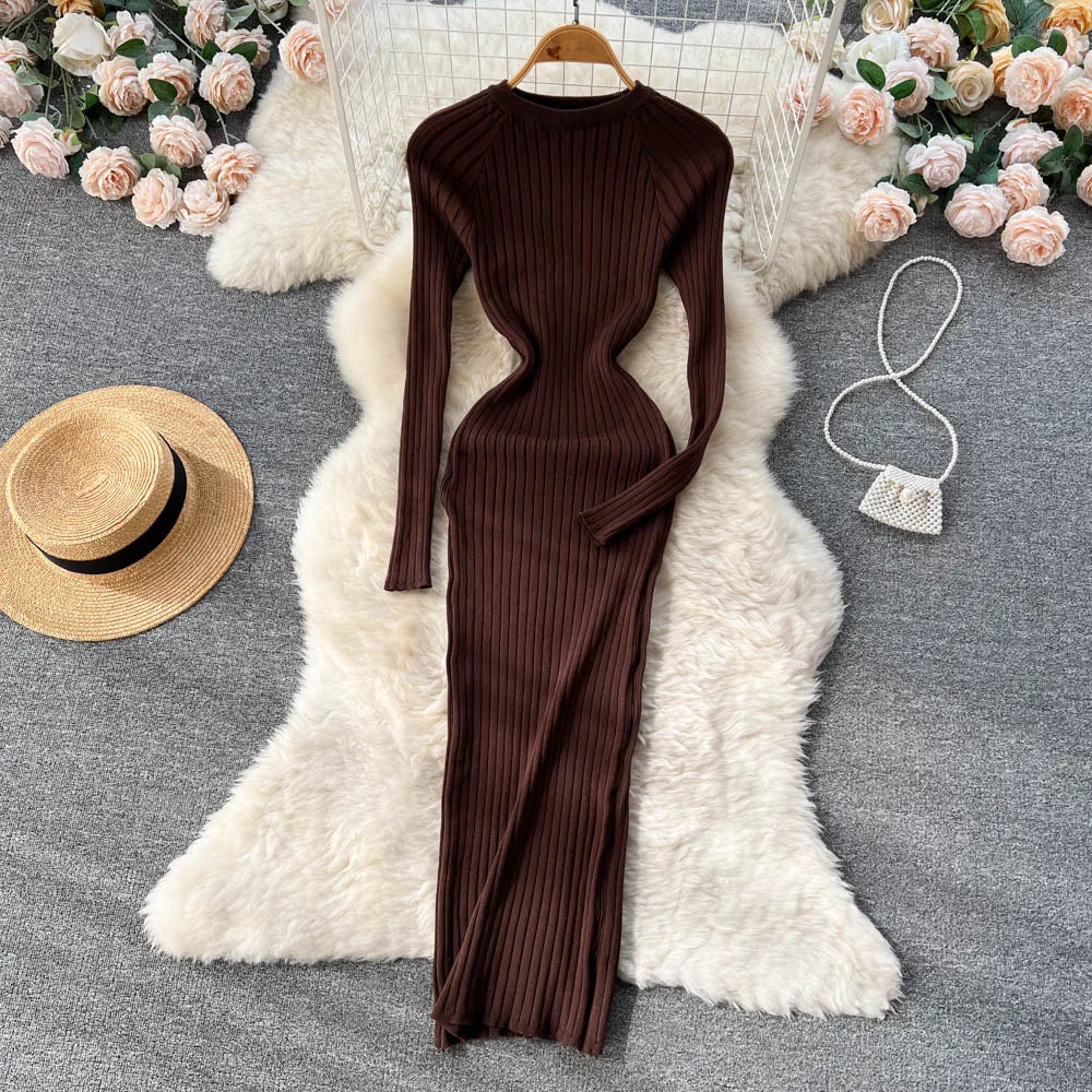 Winter Women Knit Maxi Dress O Neck Autumn Long Sleeve Slim Solid Harajuku Ladies Fashion Pencil Sweater Long Dresses coffee One Size