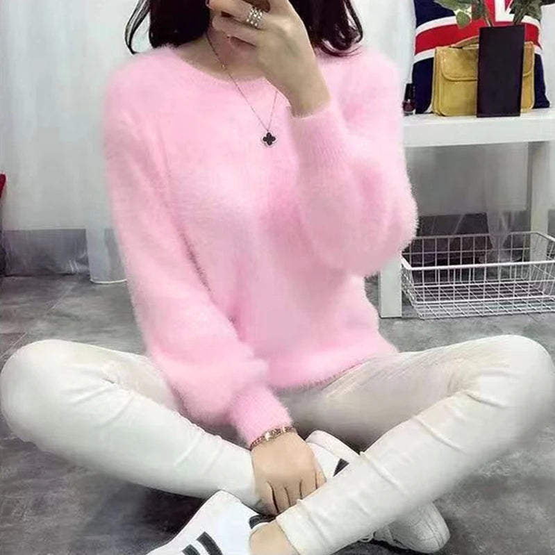 Winter Imitate Mink Wool Hot Fleecing Female Casual Sweater O-neck Long Puff Pink Solid Women Knitted Tops Elastic Pullovers Pink One Size