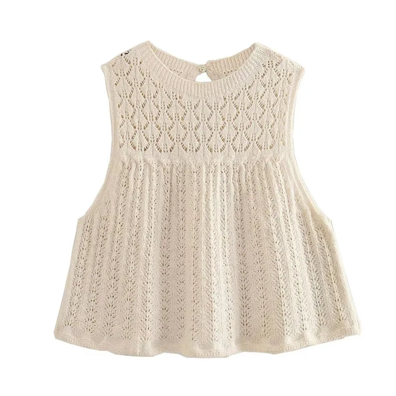Women Knit Mesh Jacquard Skirts Sets Sweet Hollow Out O-neck Sleeveless Vest Top Summer A-Line Drawstring Mini Skirt Outfit Tops