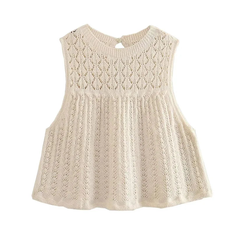 Women Knit Mesh Jacquard Skirts Sets Sweet Hollow Out O-neck Sleeveless Vest Top Summer A-Line Drawstring Mini Skirt Outfit Tops