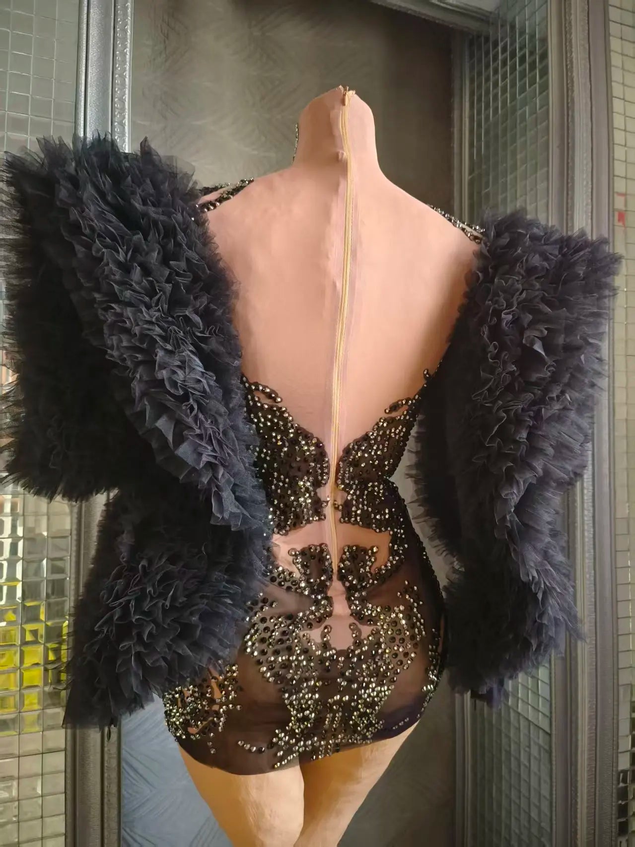 Women Sexy Mesh See Through Black Crystal Stretchy Night Club Celebrity Singer Dancer tage Costume Mini Party Dress