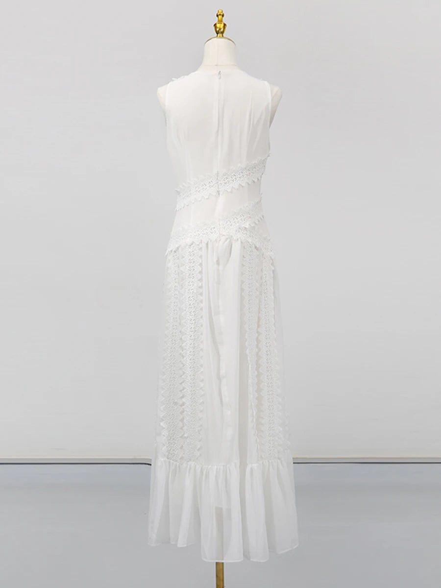 TWOTWINSTYLE White Spliced Lace Minimalist Dresses for Women V Neck Sleeveless Temperamnet Long Dress Female Fashion Clothes New