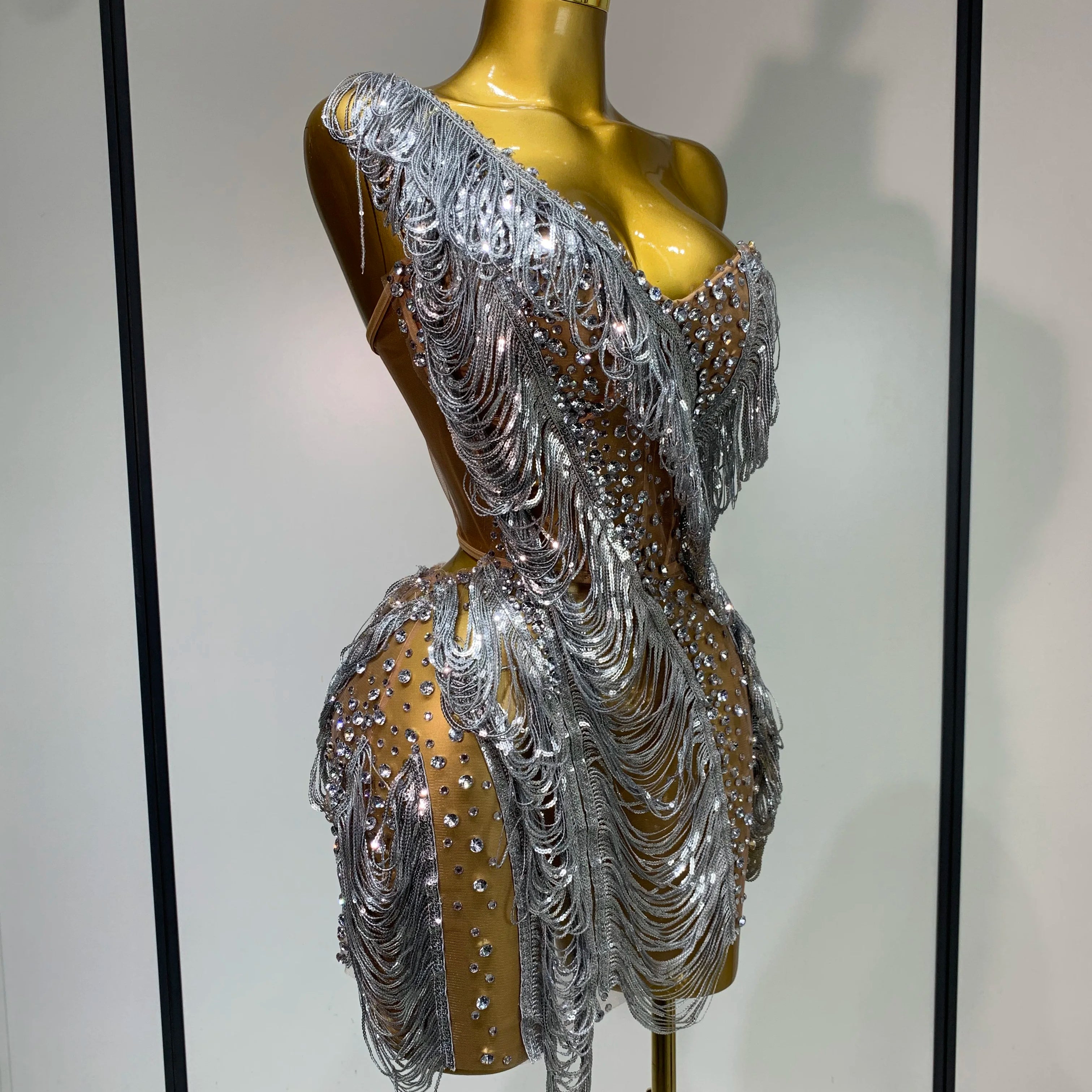 Sparkly Rhinestone Tassel Mesh Dress Nightclub Dance Stage Performance Costume Evening Party One shoulder Nigtclub Mini Dress