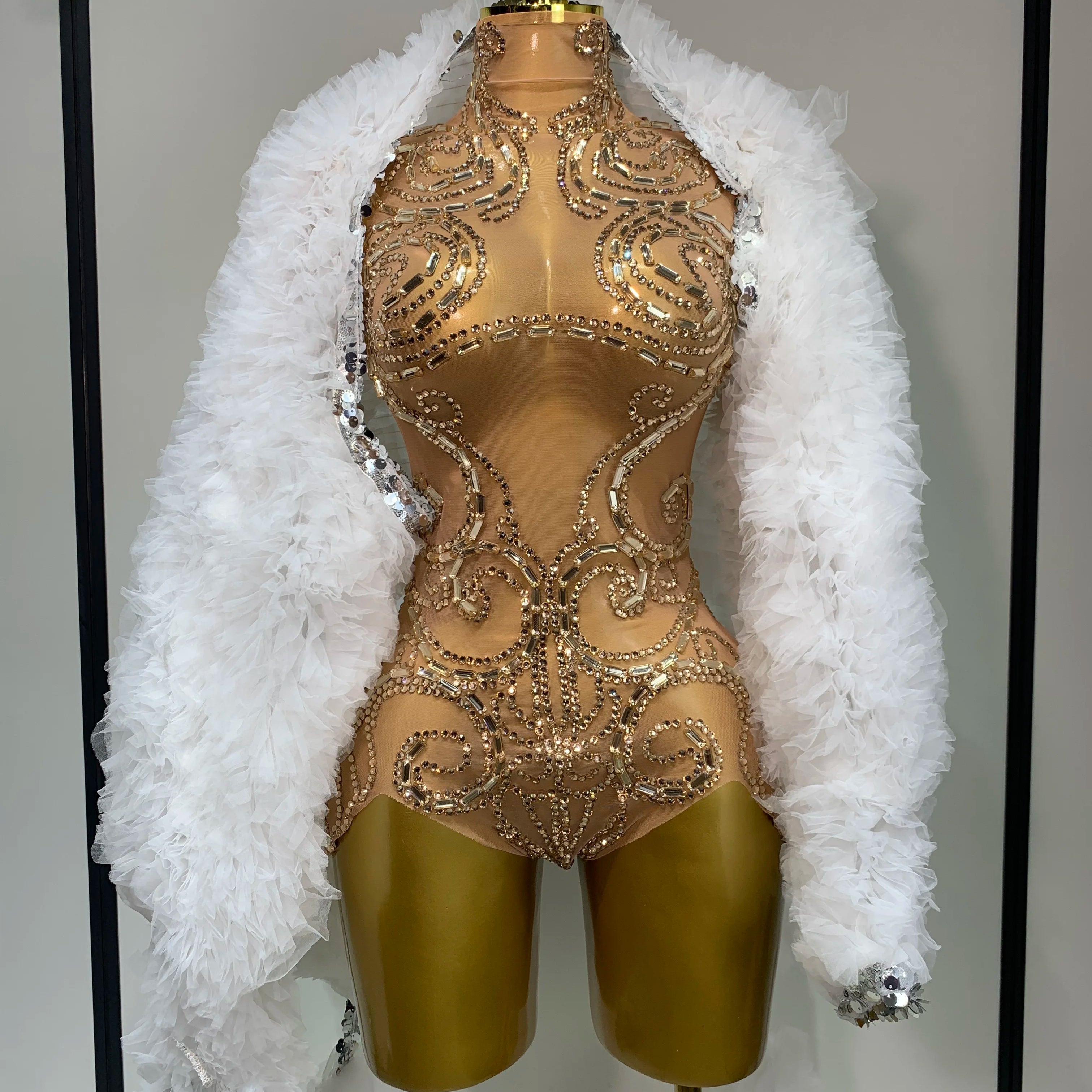 Shining Rhinestone Bodysuit Sexy Mesh See Through Dancer Birthday Evening Party Celebrate Performance Nightclub Stage Outfit