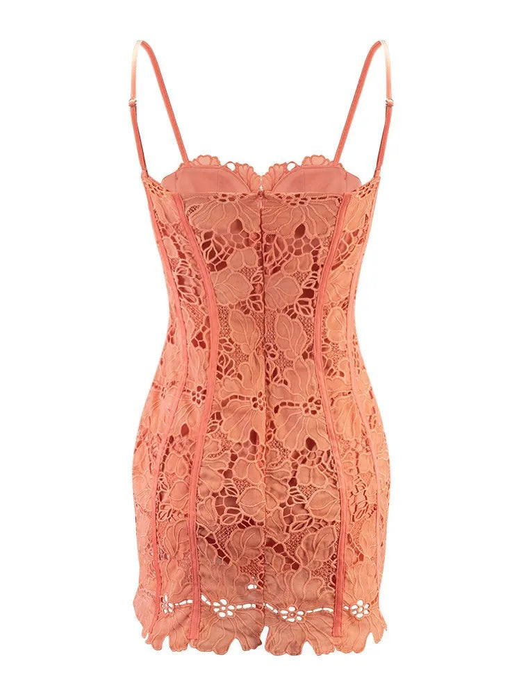 Orange Color Women Sleeveless Sexy Strap Square Collar Bodycon Mini Lace Dress Celebrate Girls' Birthday Party Cocktail Dress