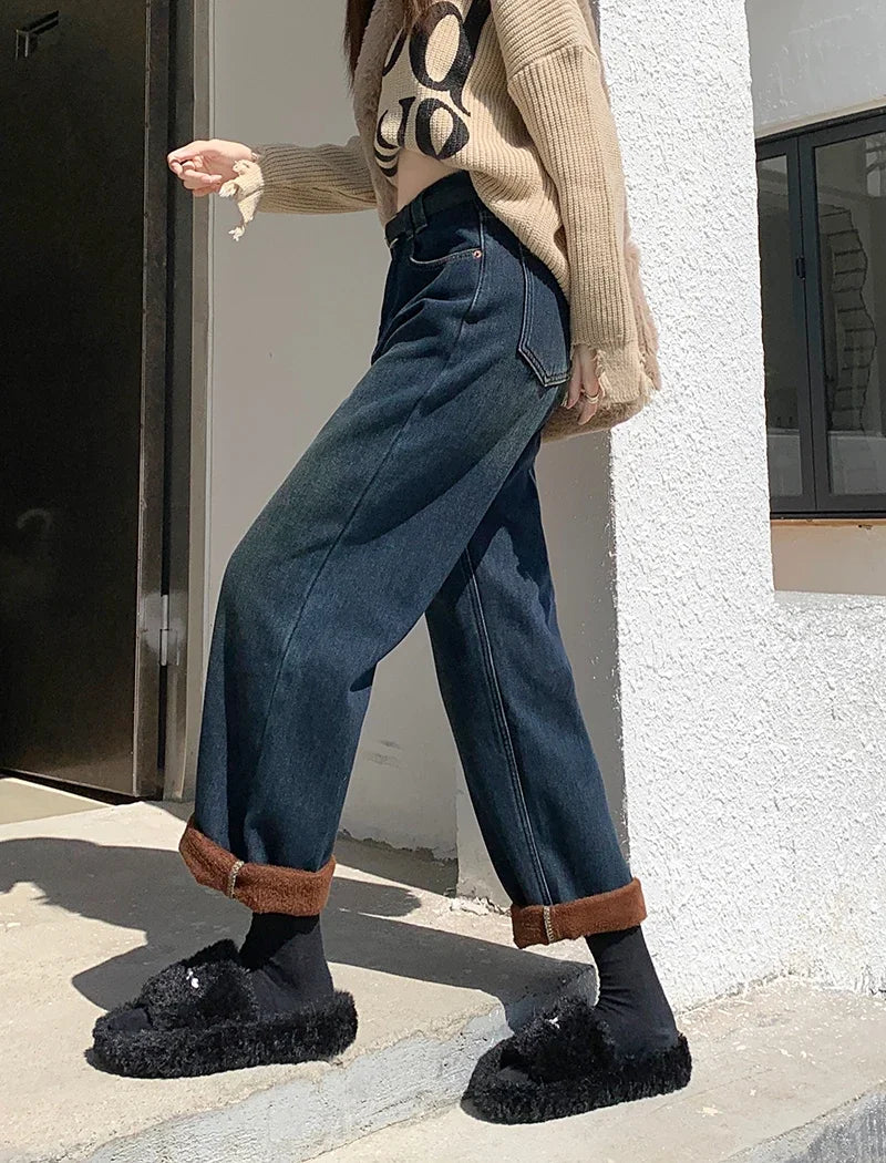 S-XL 2Colors Winter women long Straight wide leg denim pants Thick Warm High waist Denim jeans Trousers for womens+Belt