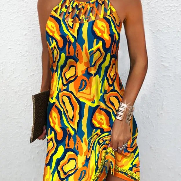 Fashion Women's Straight Dress 2023 Summer Vacation New Multicolor Abstract Print Hollow Casual Mini Sleeveless Dress Female